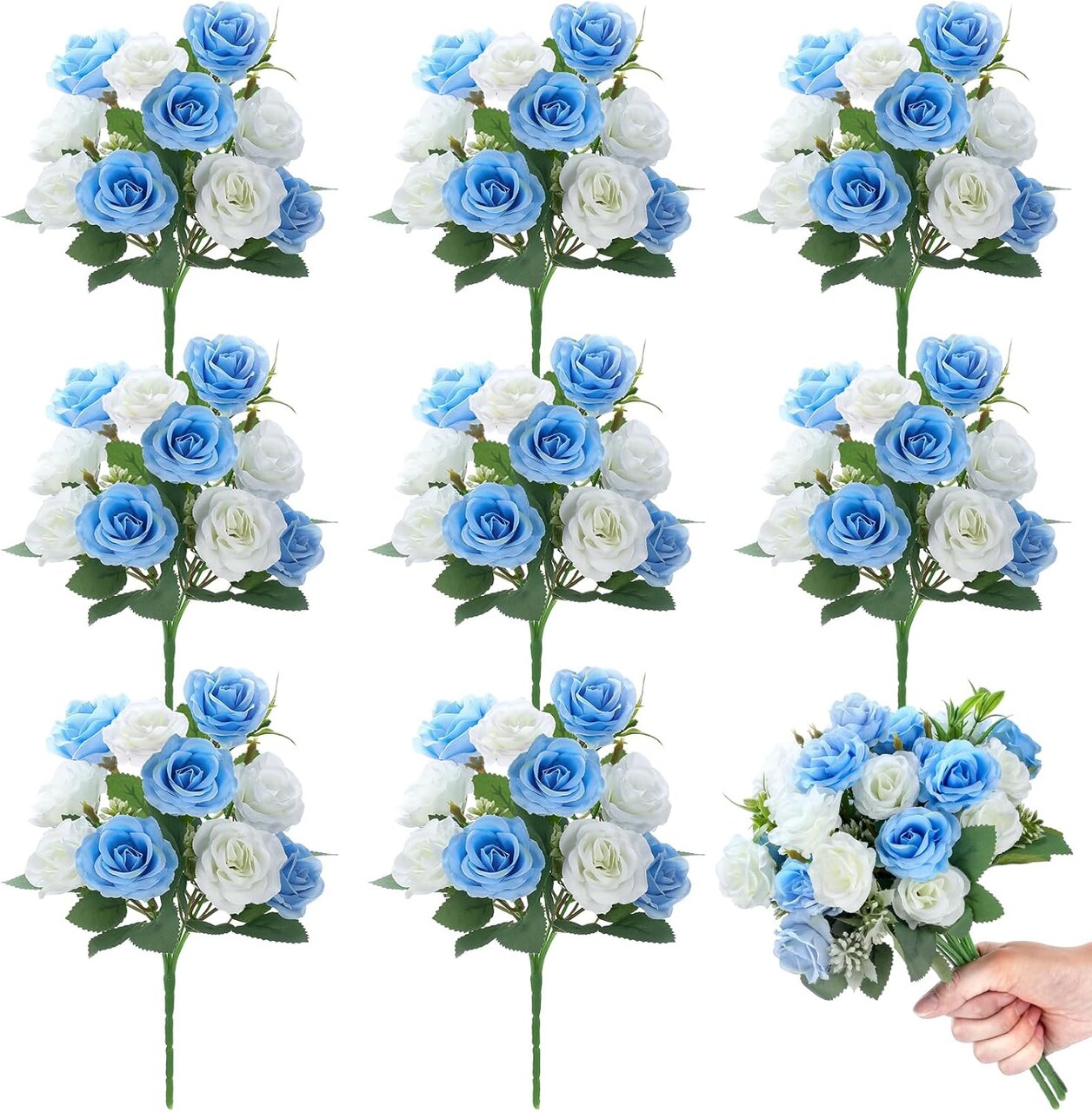 8-Pack 12-Inch Blue & White Artificial Roses – 80-Head Silk Flowers with Long Stems for Wedding Bouquets, Bridal Arrangements, Baby Showers, Table Centerpieces